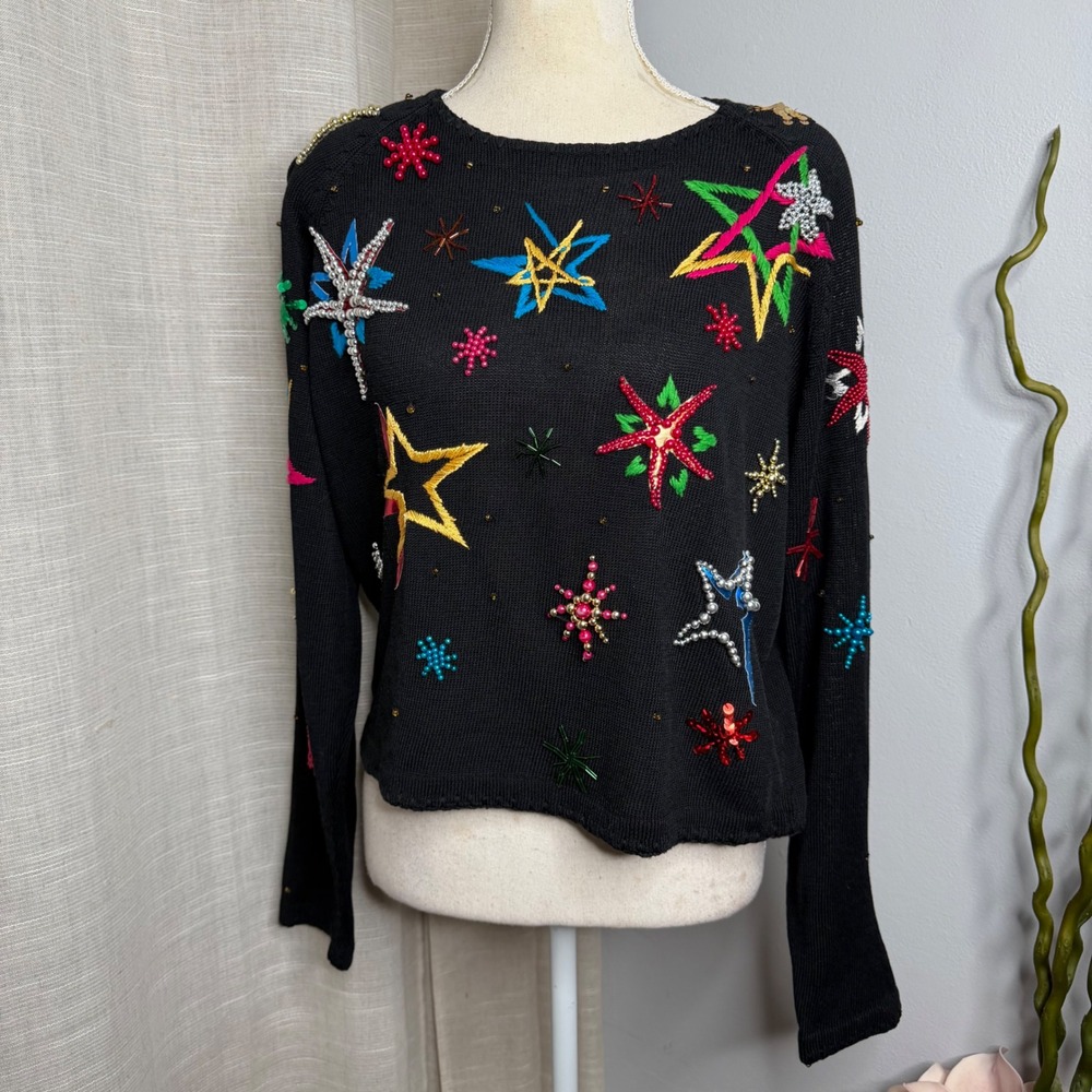 Michael Simon Star Beaded Sequin Knit Sweater Black Red Green Women's Size Large